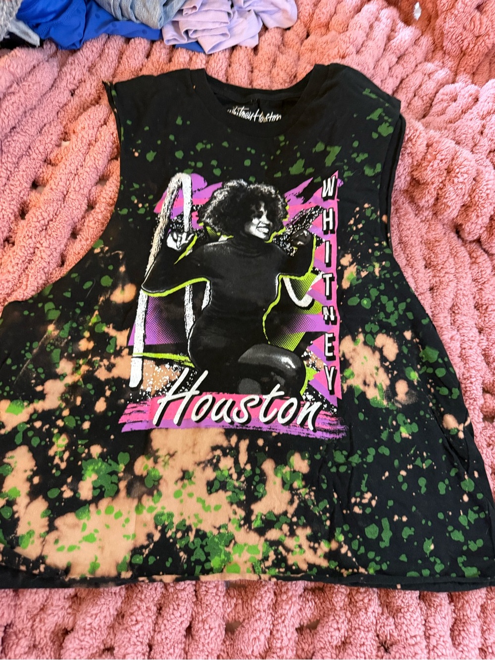 Whitney Houston Bleached Muscle Tee XL Splatter Dye Band Tee Crop